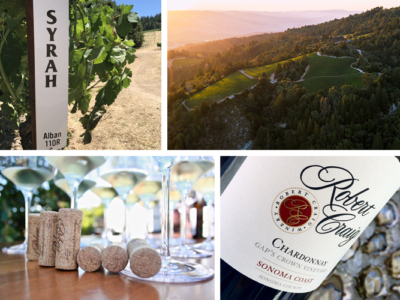collage of images - syrah vineyard marker, panorama of Candlestick Vineyard, white wine in glasses with Robert Craig corks and closeup of gap's crown vineyard chardonnay